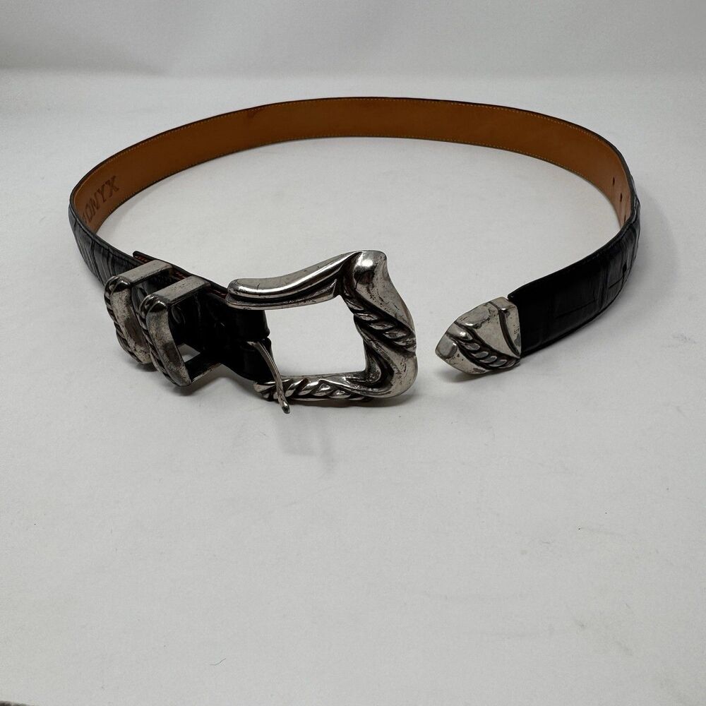 Vintage ONYX 19403 Black Leather Belt Size 28 Marked 1993 90s Silver Buckle Tip - Picture 2 of 14